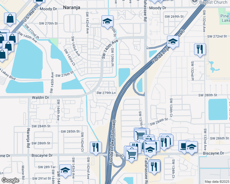 map of restaurants, bars, coffee shops, grocery stores, and more near 13901 Southwest 139th Avenue in Naranja
