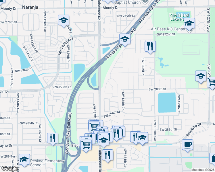 map of restaurants, bars, coffee shops, grocery stores, and more near 27954 Southwest 136th Place in Homestead