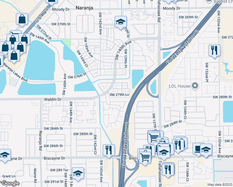 map of restaurants, bars, coffee shops, grocery stores, and more near 27954 Southwest 139th Path in Homestead