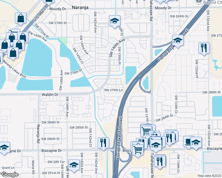 map of restaurants, bars, coffee shops, grocery stores, and more near 27954 Southwest 139th Path in Homestead
