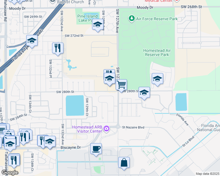 map of restaurants, bars, coffee shops, grocery stores, and more near 12767 Southwest 280th Street in Homestead