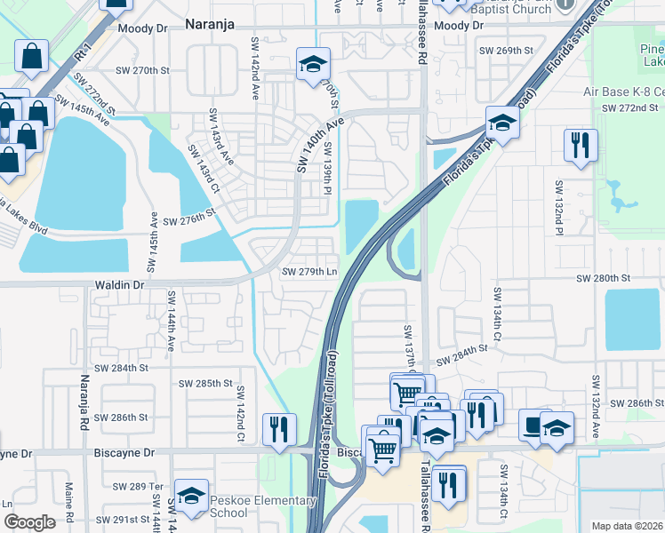 map of restaurants, bars, coffee shops, grocery stores, and more near 13907 Southwest 279th Lane in Homestead