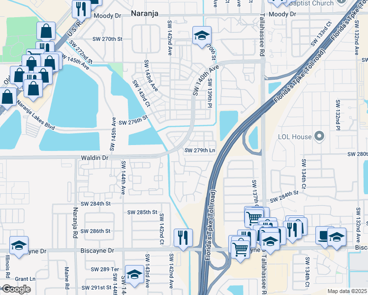 map of restaurants, bars, coffee shops, grocery stores, and more near 27981 Southwest 140th Avenue in Homestead