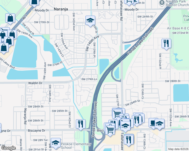 map of restaurants, bars, coffee shops, grocery stores, and more near 13932 Southwest 278th Lane in Homestead