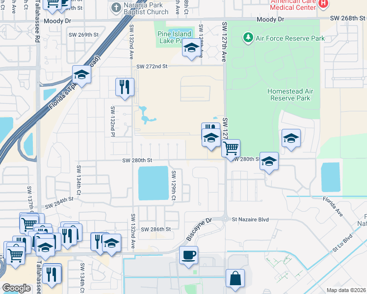 map of restaurants, bars, coffee shops, grocery stores, and more near 27921 Southwest 129th Court in Homestead