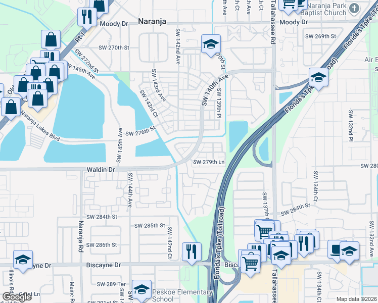 map of restaurants, bars, coffee shops, grocery stores, and more near 27981 Southwest 140th Avenue in Homestead