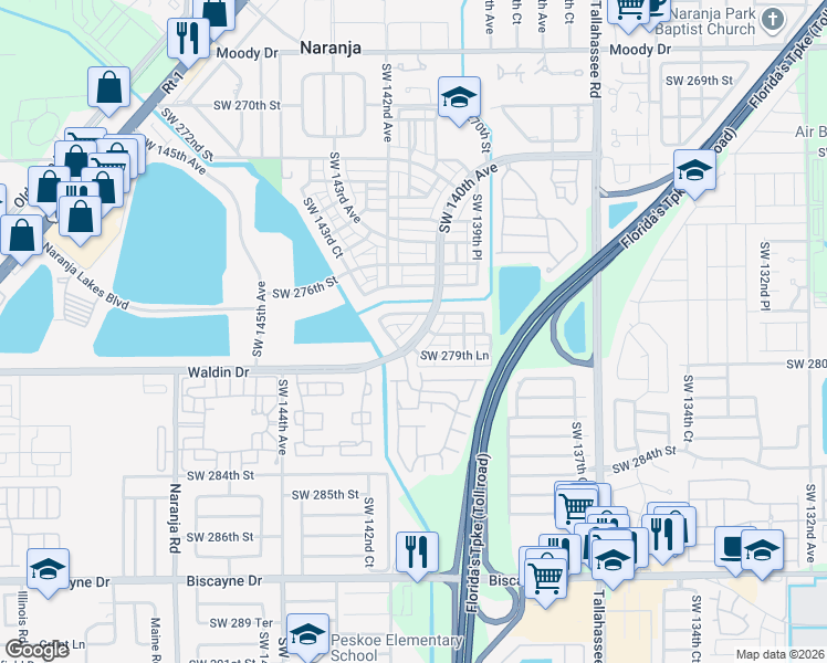 map of restaurants, bars, coffee shops, grocery stores, and more near 27981 Southwest 140th Avenue in Homestead