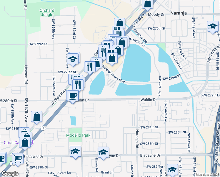map of restaurants, bars, coffee shops, grocery stores, and more near 14820 Naranja Lakes Boulevard in Homestead