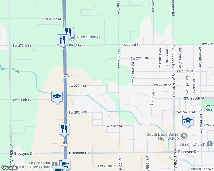 map of restaurants, bars, coffee shops, grocery stores, and more near 17301 Southwest 278th Street in Homestead