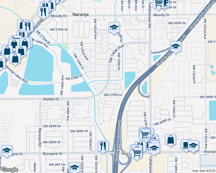 map of restaurants, bars, coffee shops, grocery stores, and more near 14035 Southwest 278th Street in Homestead
