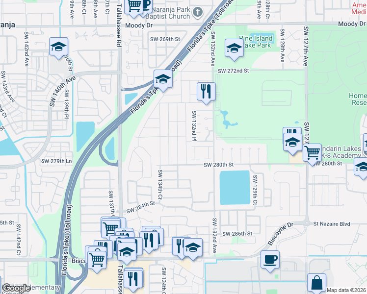 map of restaurants, bars, coffee shops, grocery stores, and more near 27776 Southwest 133rd Place in Homestead