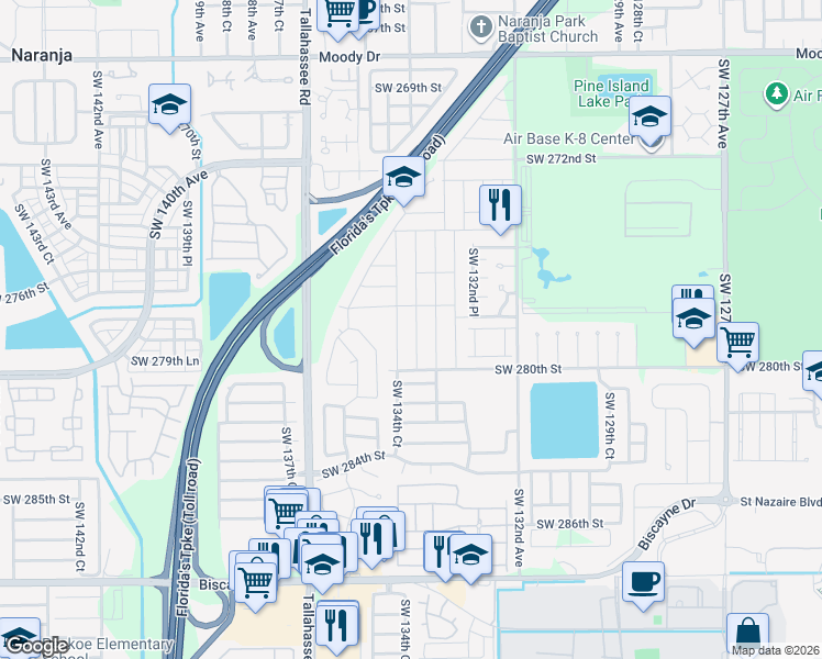 map of restaurants, bars, coffee shops, grocery stores, and more near 27772 Southwest 134th Court in Homestead