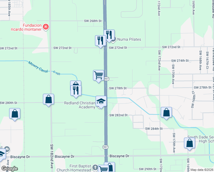 map of restaurants, bars, coffee shops, grocery stores, and more near 27727 Southwest 177th Avenue in Homestead
