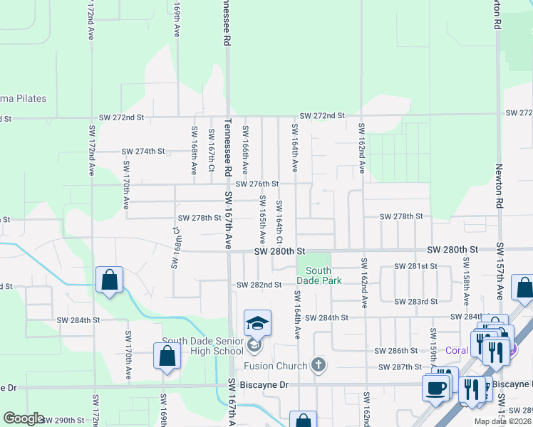 map of restaurants, bars, coffee shops, grocery stores, and more near 27700 Southwest 164th Court in Homestead