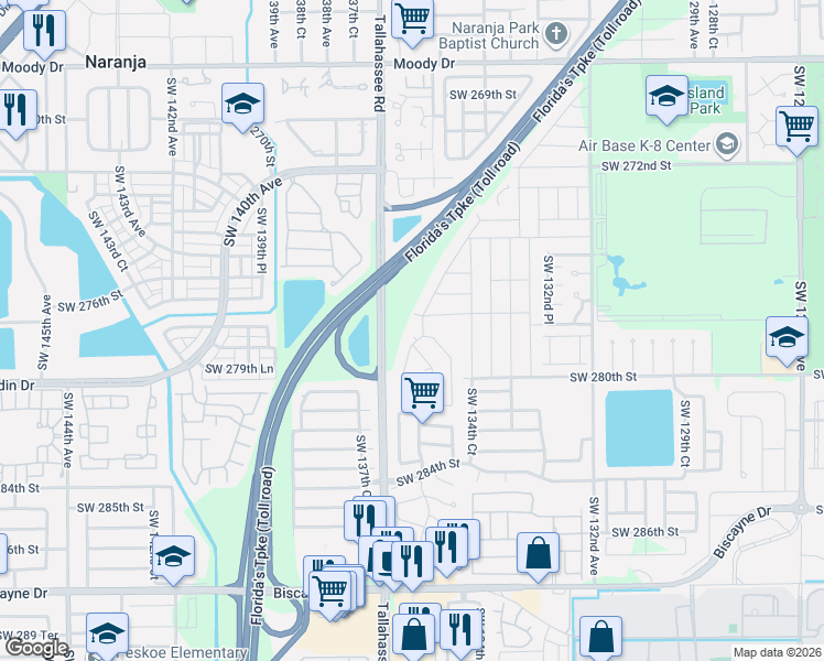 map of restaurants, bars, coffee shops, grocery stores, and more near 13643 Cypress Court in Homestead