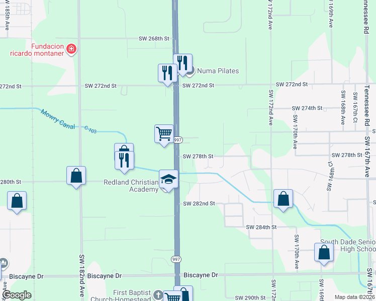 map of restaurants, bars, coffee shops, grocery stores, and more near 27727 Southwest 177th Avenue in Homestead