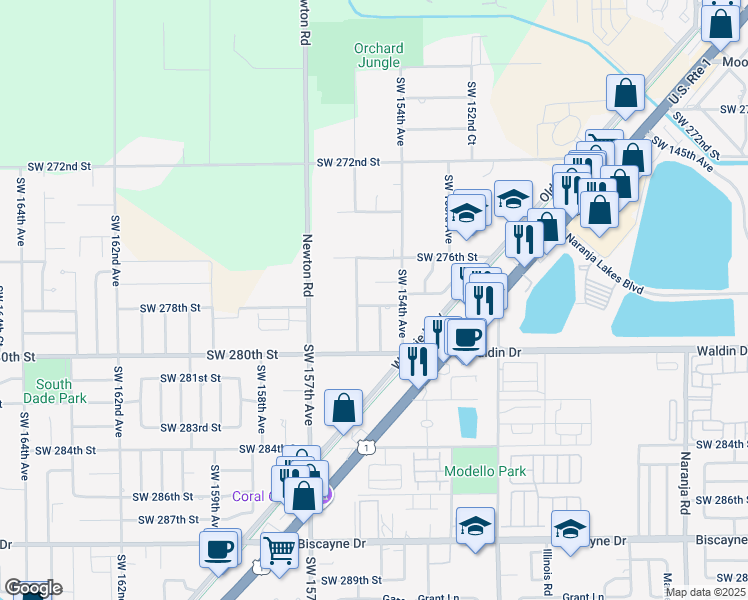 map of restaurants, bars, coffee shops, grocery stores, and more near 15463 Southwest 278th Street in Homestead