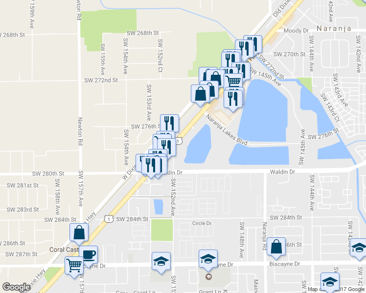 map of restaurants, bars, coffee shops, grocery stores, and more near 27707 South Dixie Highway in Naranja