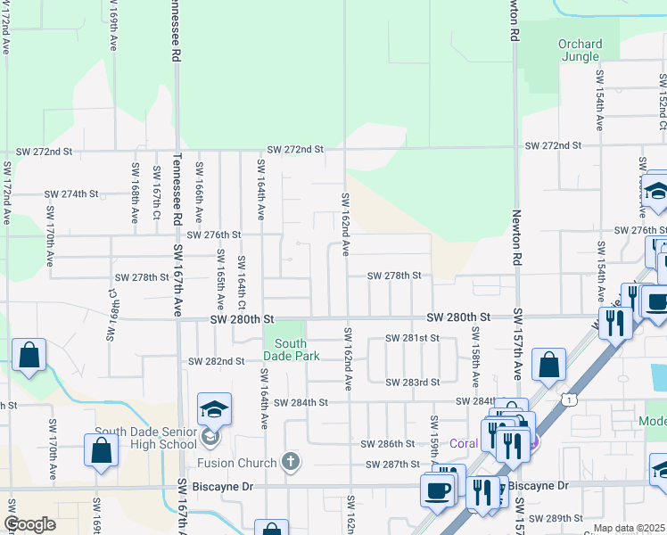 map of restaurants, bars, coffee shops, grocery stores, and more near 27701 Southwest 162nd Court in Homestead