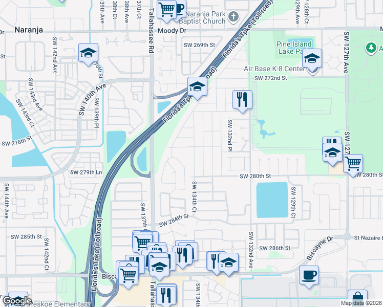 map of restaurants, bars, coffee shops, grocery stores, and more near 27772 Southwest 134th Court in Homestead