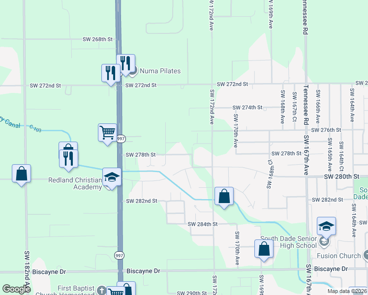 map of restaurants, bars, coffee shops, grocery stores, and more near 17301 Southwest 278th Street in Homestead