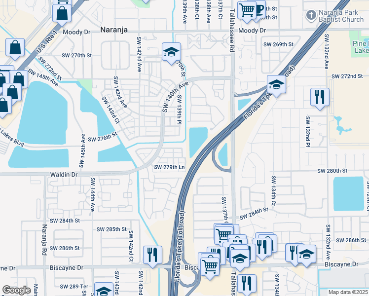 map of restaurants, bars, coffee shops, grocery stores, and more near 27801 Southwest 139th Court in Homestead