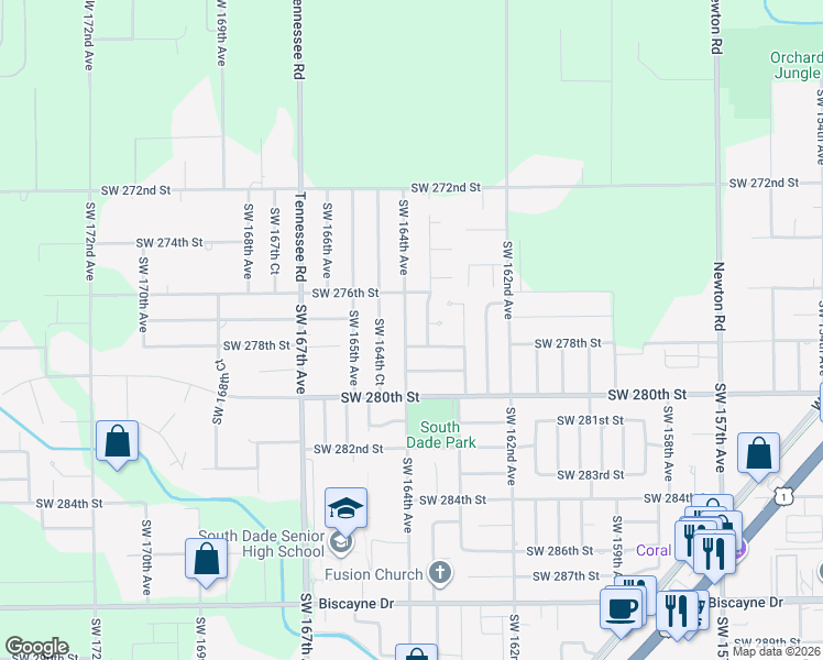 map of restaurants, bars, coffee shops, grocery stores, and more near 27701 Southwest 164th Avenue in Homestead