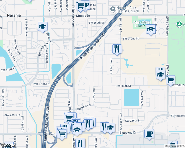 map of restaurants, bars, coffee shops, grocery stores, and more near 27772 Southwest 134th Court in Homestead