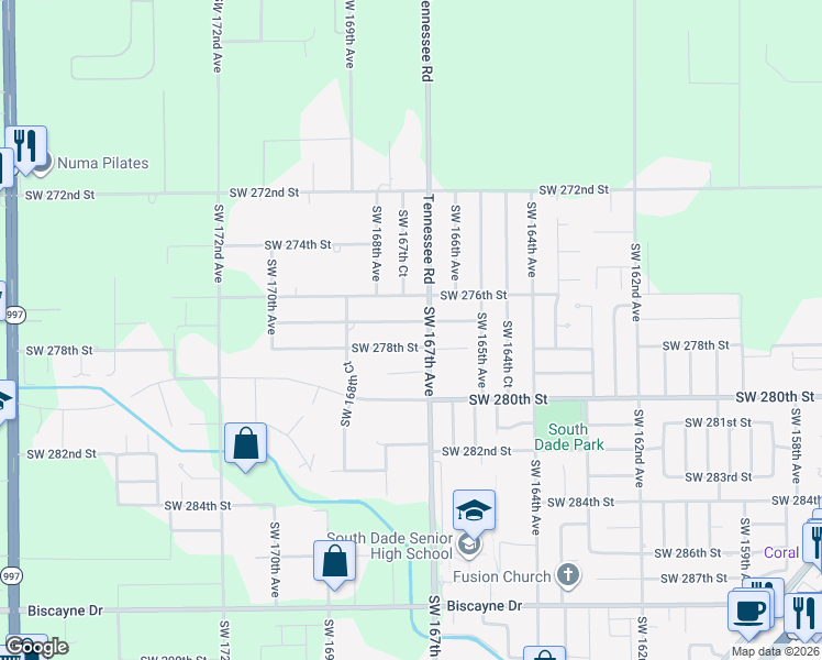 map of restaurants, bars, coffee shops, grocery stores, and more near 16700 Southwest 277th Street in Homestead