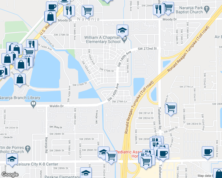 map of restaurants, bars, coffee shops, grocery stores, and more near 14035 Southwest 278th Street in Homestead