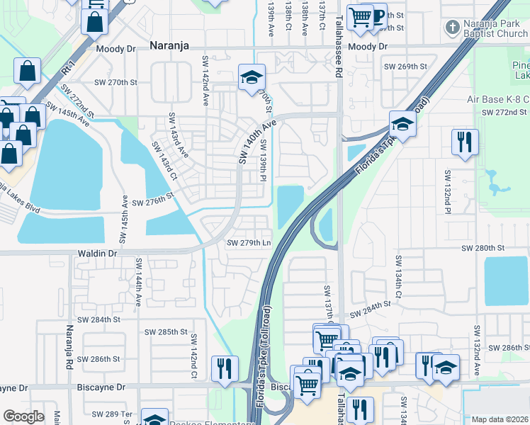 map of restaurants, bars, coffee shops, grocery stores, and more near 13921 Southwest 278th Street in Homestead
