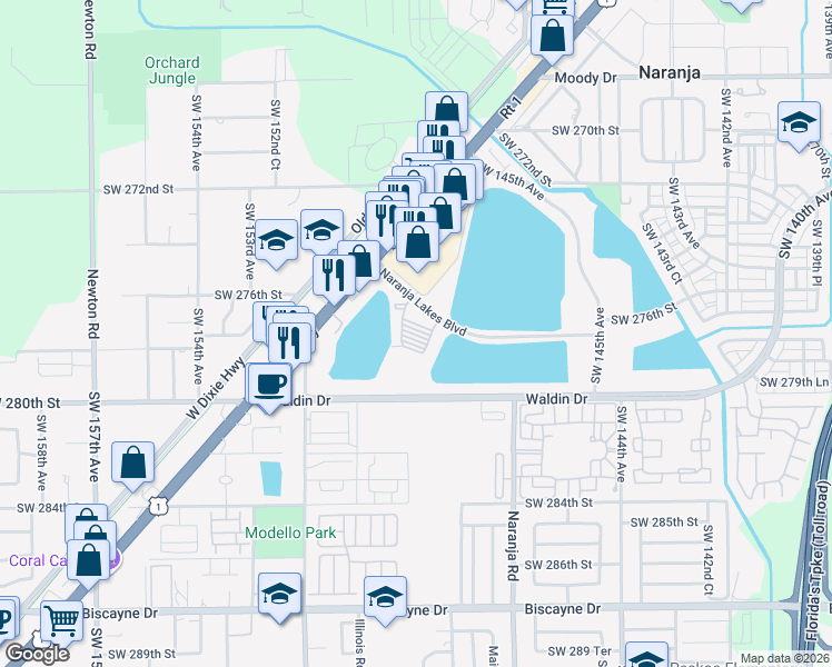 map of restaurants, bars, coffee shops, grocery stores, and more near 14820 Naranja Lakes Boulevard in Homestead