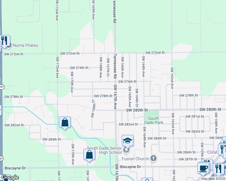 map of restaurants, bars, coffee shops, grocery stores, and more near 16700 Southwest 277th Street in Homestead