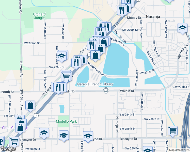 map of restaurants, bars, coffee shops, grocery stores, and more near 14820 Naranja Lakes Boulevard in Homestead