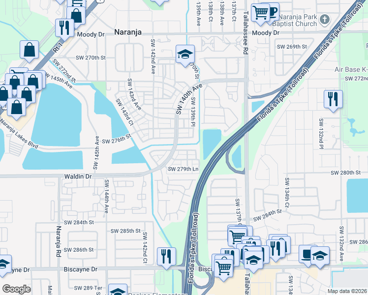 map of restaurants, bars, coffee shops, grocery stores, and more near 13961 Southwest 278th Street in Homestead