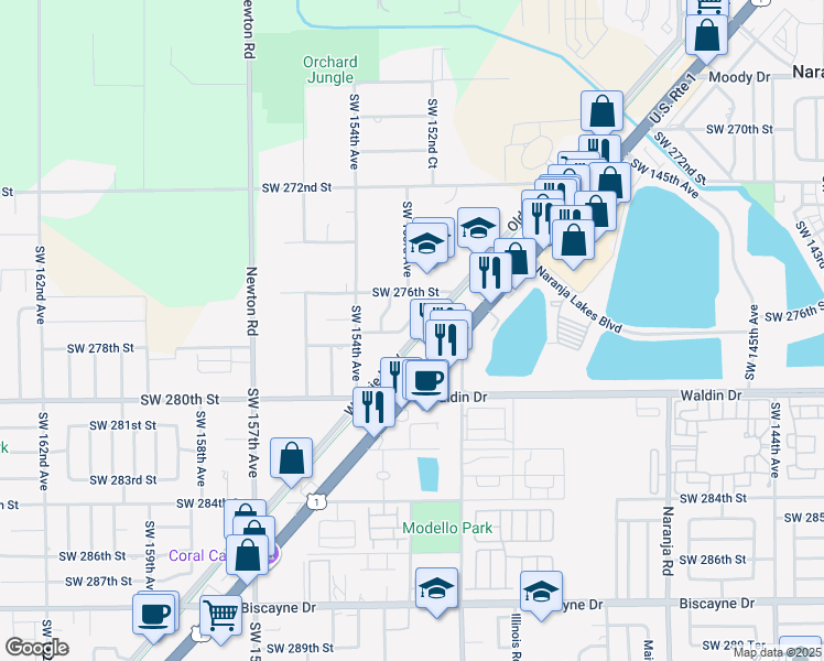 map of restaurants, bars, coffee shops, grocery stores, and more near 27701 Southwest 152nd Court in Homestead