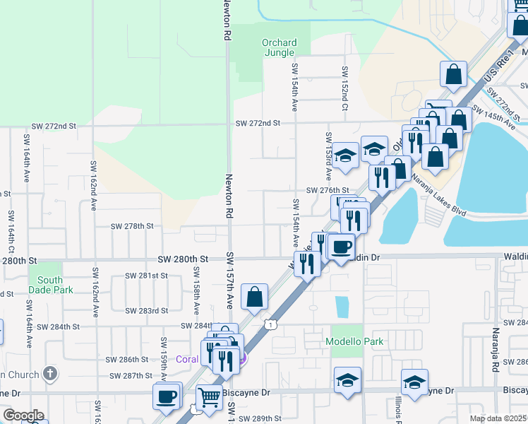 map of restaurants, bars, coffee shops, grocery stores, and more near 27905 Southwest 155th Avenue in Homestead