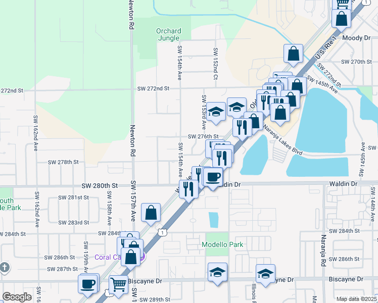 map of restaurants, bars, coffee shops, grocery stores, and more near 15341 Southwest 277th Terrace in Homestead
