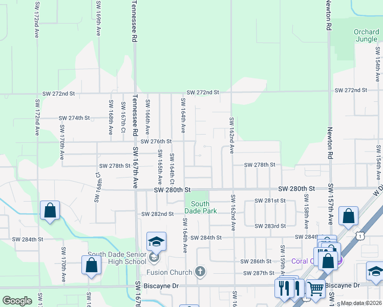 map of restaurants, bars, coffee shops, grocery stores, and more near 27701 Southwest 164th Avenue in Homestead