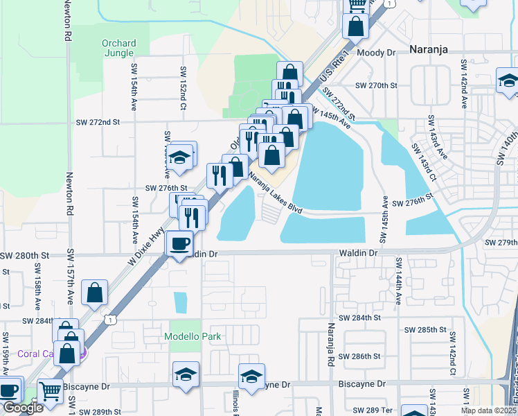 map of restaurants, bars, coffee shops, grocery stores, and more near 14820 Naranja Lakes Boulevard in Homestead