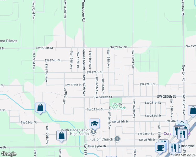 map of restaurants, bars, coffee shops, grocery stores, and more near 27700 Southwest 164th Court in Homestead