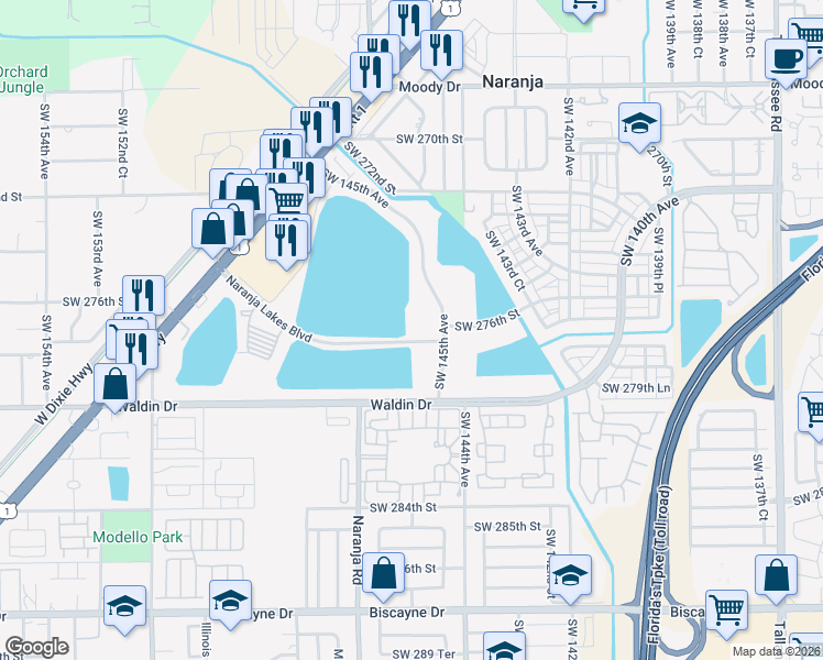 map of restaurants, bars, coffee shops, grocery stores, and more near 27641 Southwest 145th Avenue in Homestead
