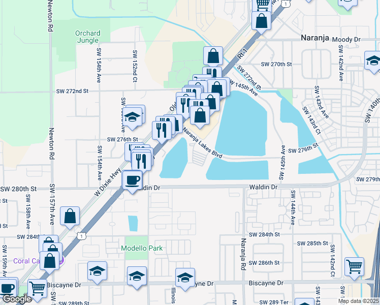 map of restaurants, bars, coffee shops, grocery stores, and more near 14850 Naranja Lakes Boulevard in Homestead