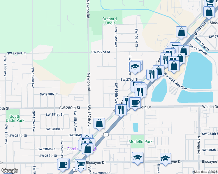map of restaurants, bars, coffee shops, grocery stores, and more near 15463 Southwest 278th Street in Homestead