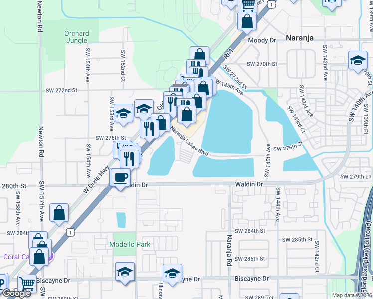 map of restaurants, bars, coffee shops, grocery stores, and more near 14840 Naranja Lakes Boulevard in Homestead