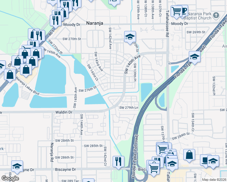 map of restaurants, bars, coffee shops, grocery stores, and more near 14035 Southwest 278th Street in Homestead