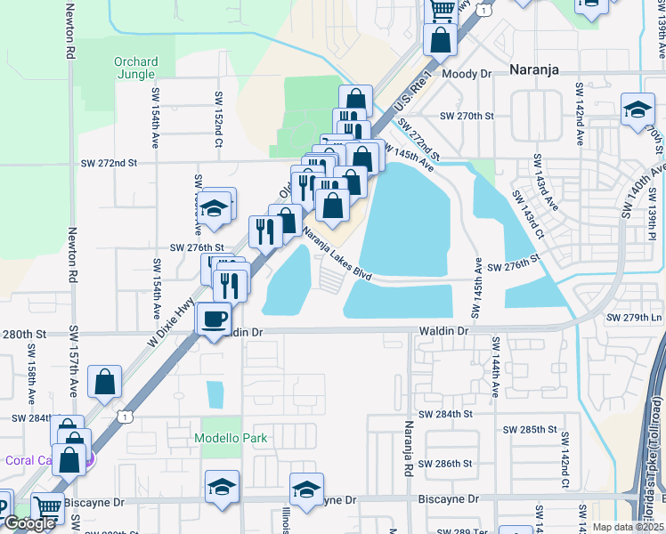 map of restaurants, bars, coffee shops, grocery stores, and more near 14820 Naranja Lakes Boulevard in Homestead