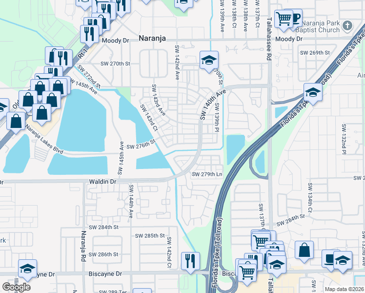 map of restaurants, bars, coffee shops, grocery stores, and more near 14035 Southwest 278th Street in Homestead