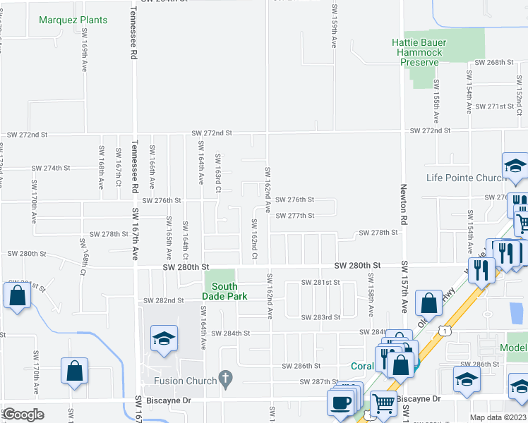 map of restaurants, bars, coffee shops, grocery stores, and more near 27660 Southwest 162nd Avenue in Homestead