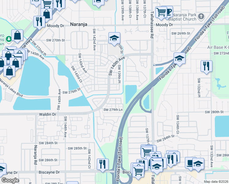map of restaurants, bars, coffee shops, grocery stores, and more near 13961 Southwest 278th Street in Homestead